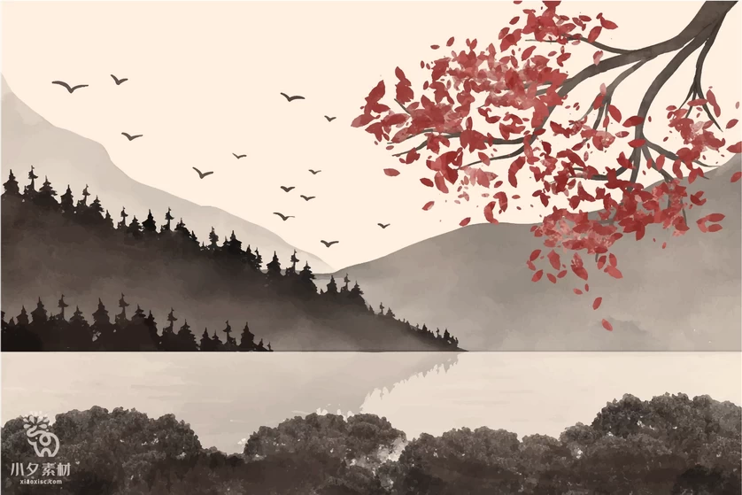 中国风中式禅意水彩水墨山水风景国画背景图案插画AI矢量设计素材【035】